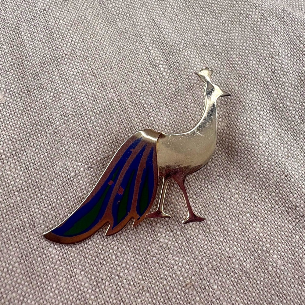 James H Hall Yankee Silversmiths Vintage Peacock Brooch Silver Tone Enamel Pin